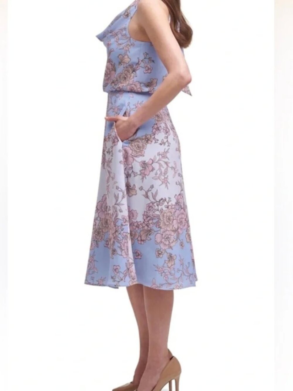 Vince Camuto pale blue & pink floral drape neck midi dress size 6 - Picture 3 of 10